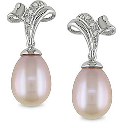 Sterling Silver Pink Freshwater Pearl and Diamond Earrings (9-10 mm)