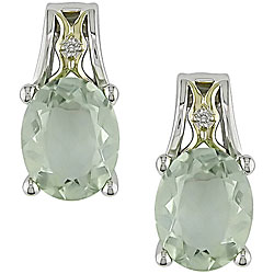 10k Yellow Gold and Silver Green Amethyst Earrings