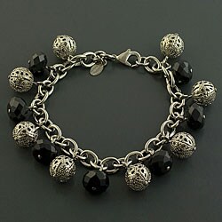 Stainless Steel Black Onyx Charm Bracelet (Italy)
