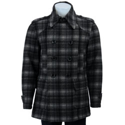 Sean John Men's Wool Blend Plaid Peacoat