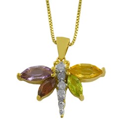 14k Gold Overlay Multi-gemstone and 1/10ct TDW Diamond Dragonfly Necklace