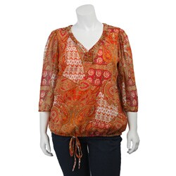 Adiva Women's Plus Size Pleated V-neck Peasant Top
