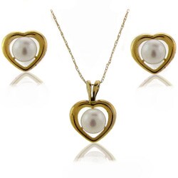 14k Yellow Gold Freshwater Pearl Heart Jewelry Set (5-5.5mm)
