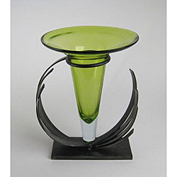 Lime Green Glass Vase on Iron Stand