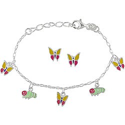 Silver Enamel Charm Bracelet and Earrings Set