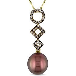 14k Gold Brown FW Pearl/ 1/6ct TDW Brown Diamond Necklace (9-9.5 mm)