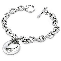 Stainless Steel CZ Crescent Circle Dangling Charm Bracelet