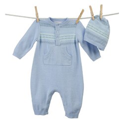 Small Treasures Newborn Boys' Sweater Coverall and Hat Set.