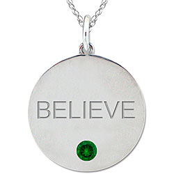 10k Gold Engraved 'BELIEVE' Created Emerald Necklace