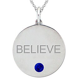 10k Gold September Birthstone Created Sapphire Engraved 'BELIEVE' Necklace