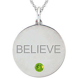 10k Gold August Birthstone Peridot Engraved 'BELIEVE' Necklace
