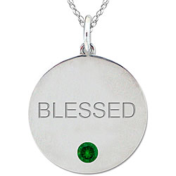 10k Gold Engraved 'BLESSED' Created Emerald Necklace