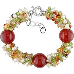 Silvertone Carnelian/ Multi-colored Quartz/ Pearl Bracelet (4 mm)