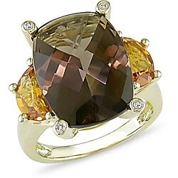 10k Gold Smoky Quartz, Citrine and Diamond Ring