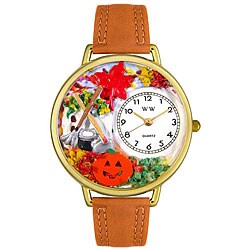 Whimsical Women's Autumn Leaves Theme Tan Leather Strap Watch