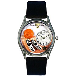 Whimsical Women's Basketball Theme Black Leather Strap Watch