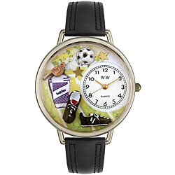 Whimsical Women's Soccer Theme Black Padded Leather Watch
