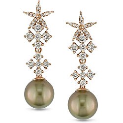 18k Gold Brown Pearl and 1ct TDW Diamond Earrings (9-10 mm) (H-I, I1)