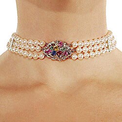 14k White Gold Pearl, Multi-gemstone, and 5/8ct TDW Diamond Necklace (H-1, I1-I2) (5-6 mm)