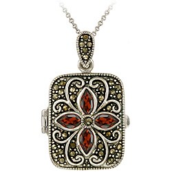 Sterling Silver Marcasite and Garnet Locket Necklace