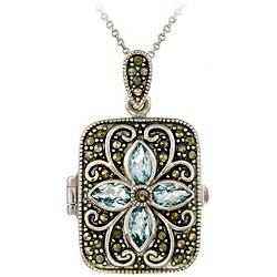 Sterling Silver Marcasite and Blue Topaz Locket Necklace