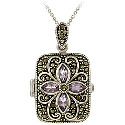 Sterling Silver Marcasite and Amethyst Locket Necklace