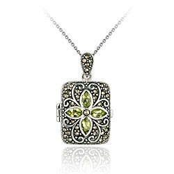Sterling Silver Peridot and Marcasite Locket Necklace