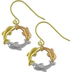 10k Tri-color Gold Dolphin Circle Dangle Earrings