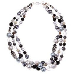 Silver Freshwater Pearl and Multi-gemstone 3-strand Necklace (12mm)