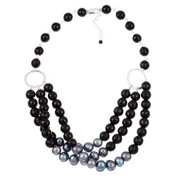 Sterling Silver Black Onyx and Freshwater Pearl Necklace (8-9mm)