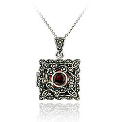 Sterling Silver Garnet and Marcasite Square Locket Necklace