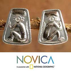 Silver Button 'Mythic Cat' Earrings (Peru)