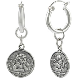Sterling Silver Dangling Cherub Angel Disc Hoop Earrings