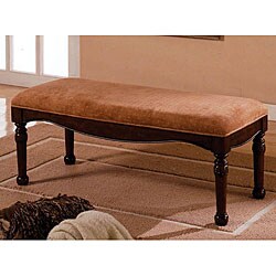 Hand-carved Wood and Deep Brown Velvet Padded Bench