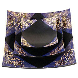 Set of 3 Mango Wood Blue and Gold Trays/ Platters (Thailand)