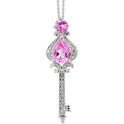 Silver Created Pink Sapphire and 1/10ct TDW Diamond Necklace (J-K, I3)