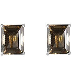 10k White Gold Emerald-cut Smokey Quartz Stud Earrings