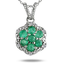 Sterling Silver Emerald and Diamond Cluster Necklace (H-I, I2-I3)