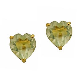 10k Yellow Gold Basket-set Heart-cut Green Amethyst Stud Earrings