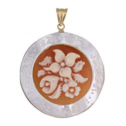 18k Yellow Gold 'Flowers' Mother of Pearl 33-mm Round Cameo Pendant