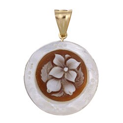 18k Yellow Gold 'Flowers' Mother of Pearl 30-mm Round Cameo Pendant