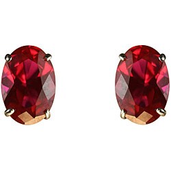 10k Yellow Gold Basket-set Oval Created Ruby Stud Earrings