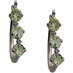 10k White Gold Round-cut Green Amethyst and Diamond Hoop Earrings