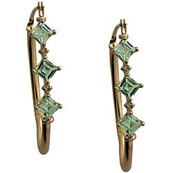 10k Yellow Gold Green Amethyst and Diamond Hoop Earrings