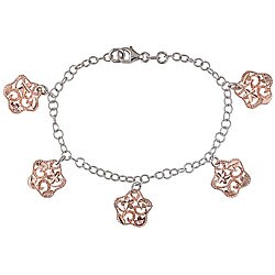 Italian Pink-plated Sterling Silver Flower Charm Bracelet