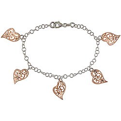 Italian Pink-plated Sterling Silver Filigree Heart Charm Bracelet