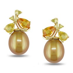 10k Yellow Gold Golden Pearl/ Sapphire/ Diamond Accent Earrings (8.-8.5 mm)