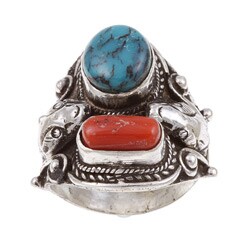 Silverplated Turquoise and Coral Snake Ring(Nepal)
