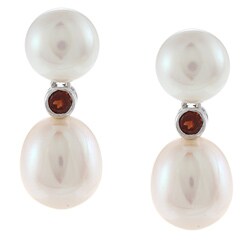 14k White Gold Double White Freshwater Pearl and Garnet Earrings (7-8mm, 8-9mm)