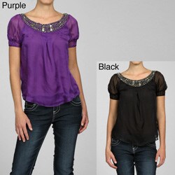 CC Couture Women's Bejeweled Silk Puff-sleeve Top